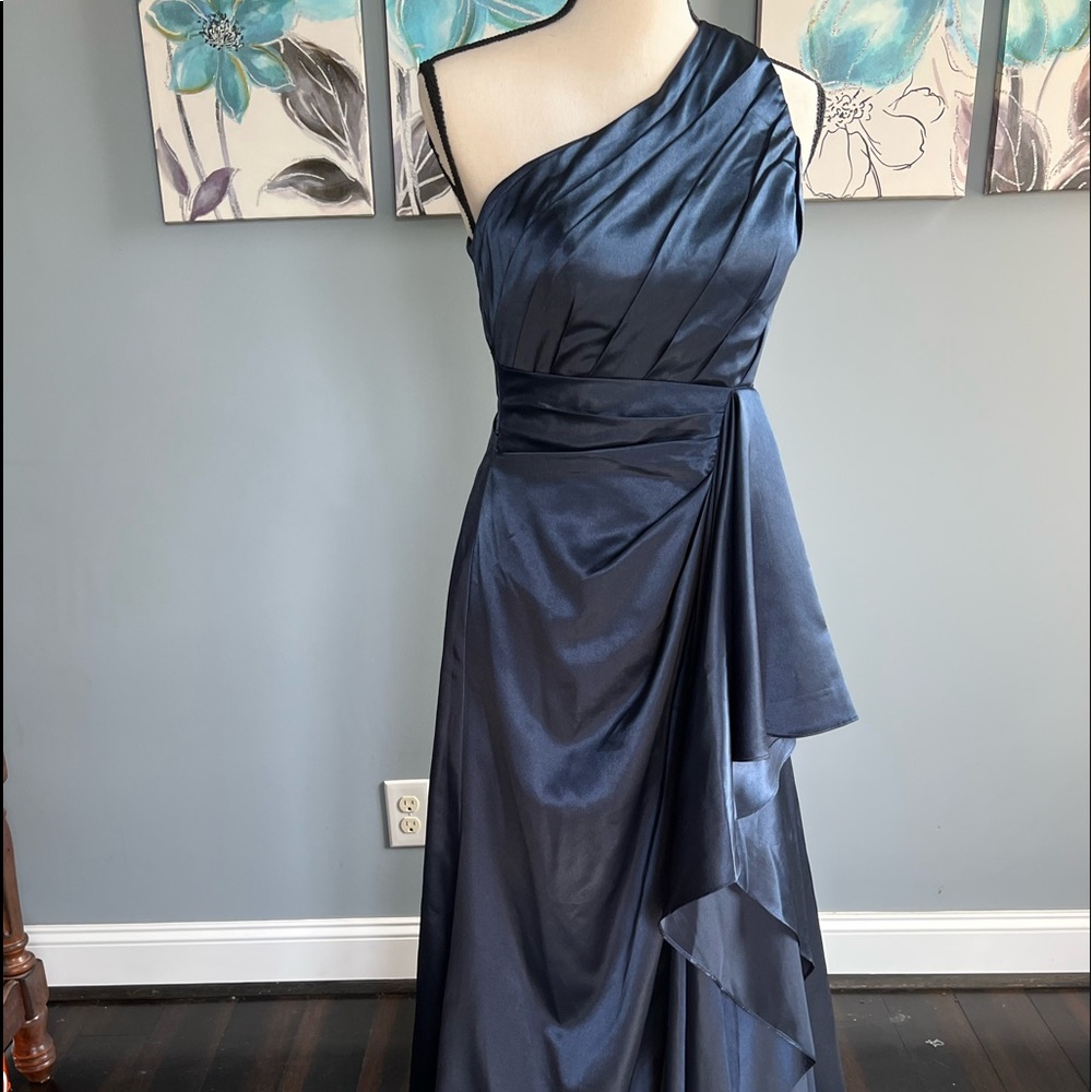 JJ HOUSE NAVY ONE SHOULDER DRESS
